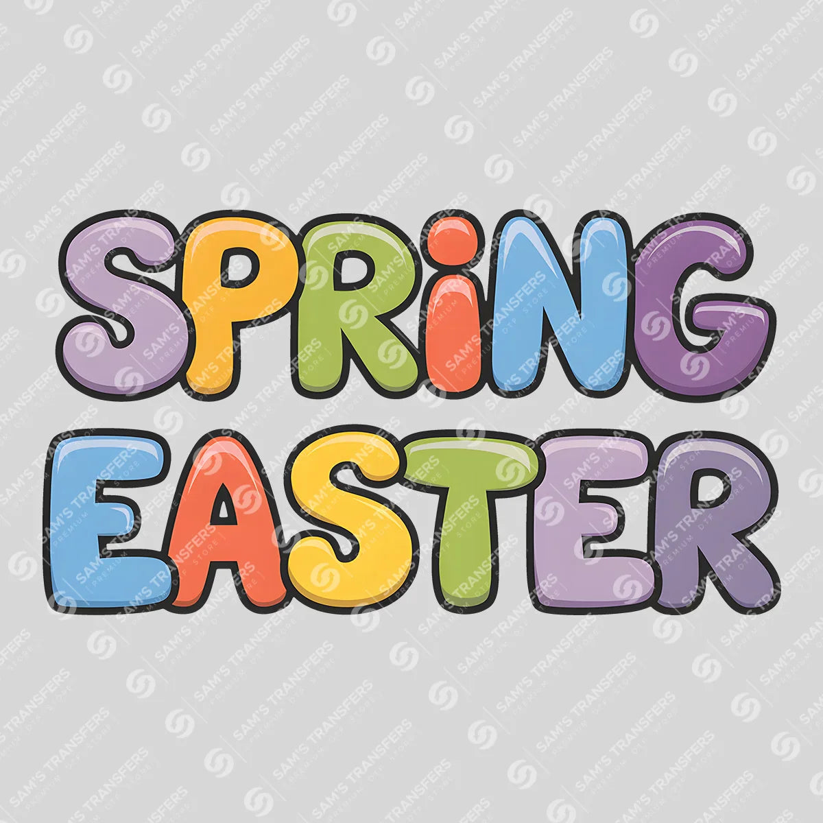 Apparel featuring a Spring Easter Bubble-themed DTF transfer.