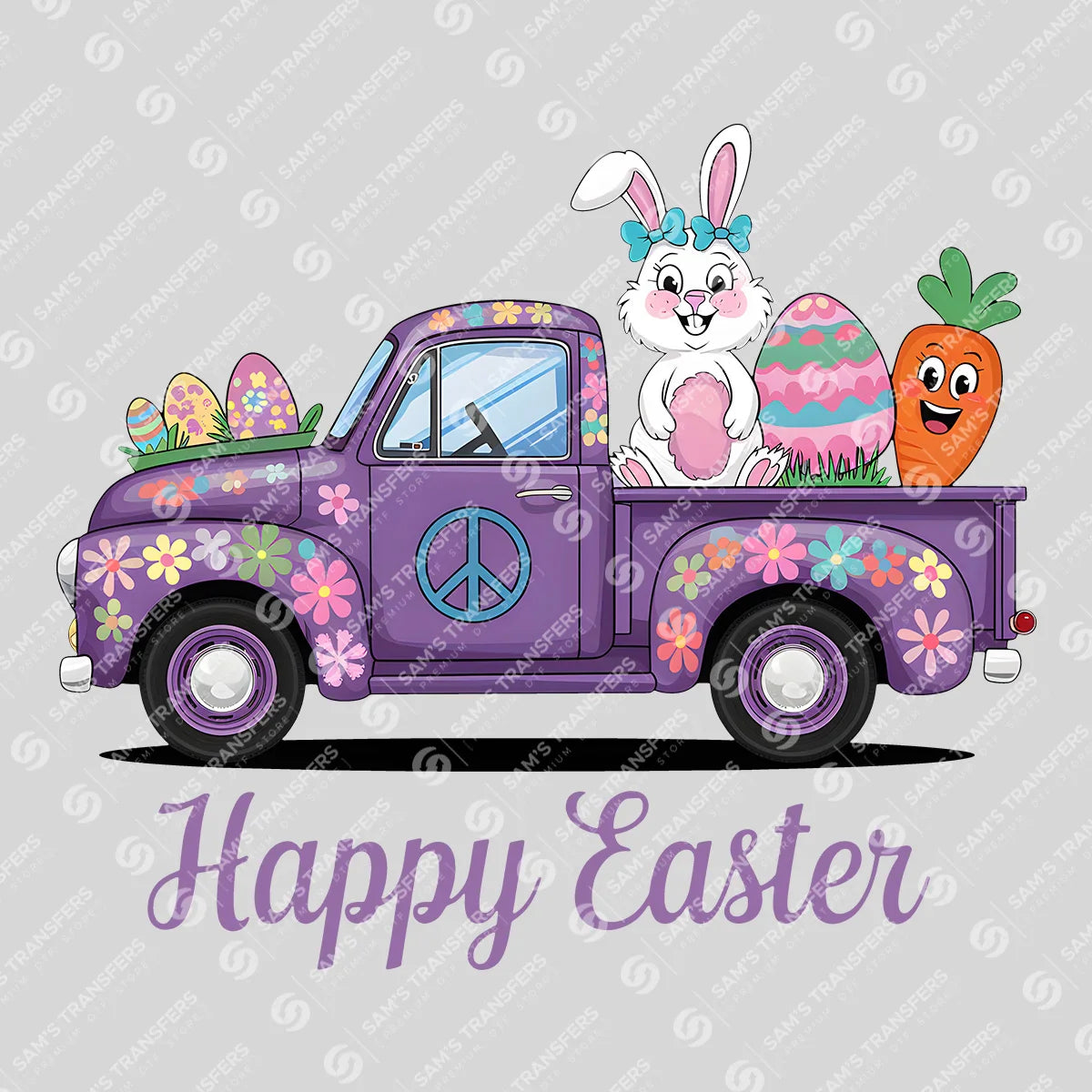Apparel featuring a Happy Easter Purple Truck-themed DTF transfer.