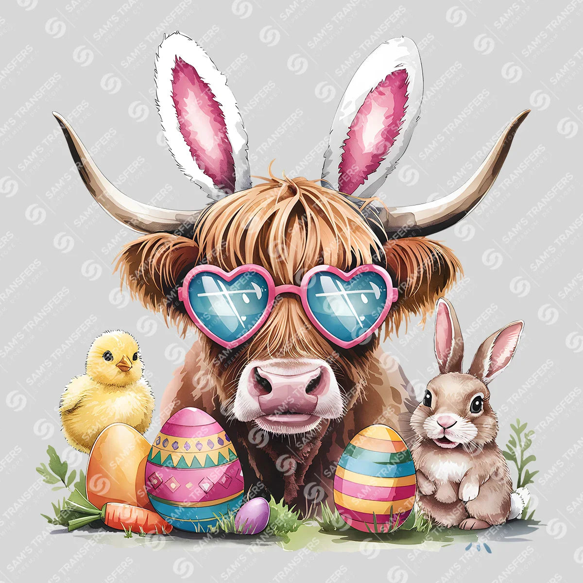 Apparel featuring a Easter Highland Cow Shades-themed DTF transfer.