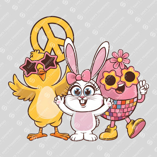 Apparel featuring a Groovy Easter Trio-themed DTF transfer.