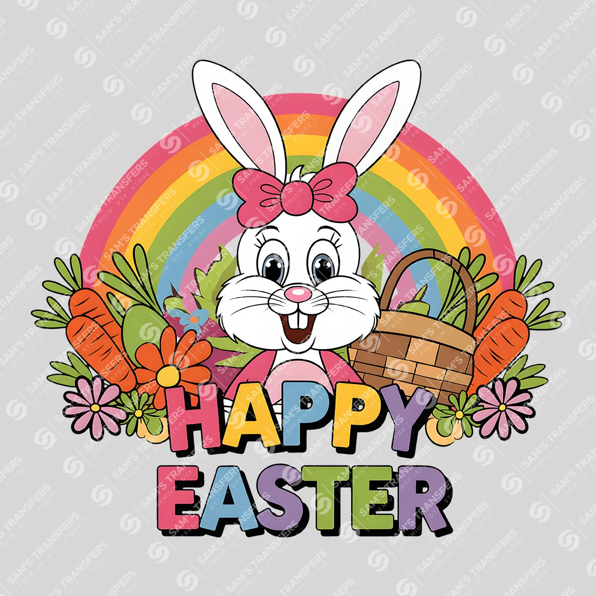 Apparel featuring a Happy Easter Rainbow Bunny-themed DTF transfer.