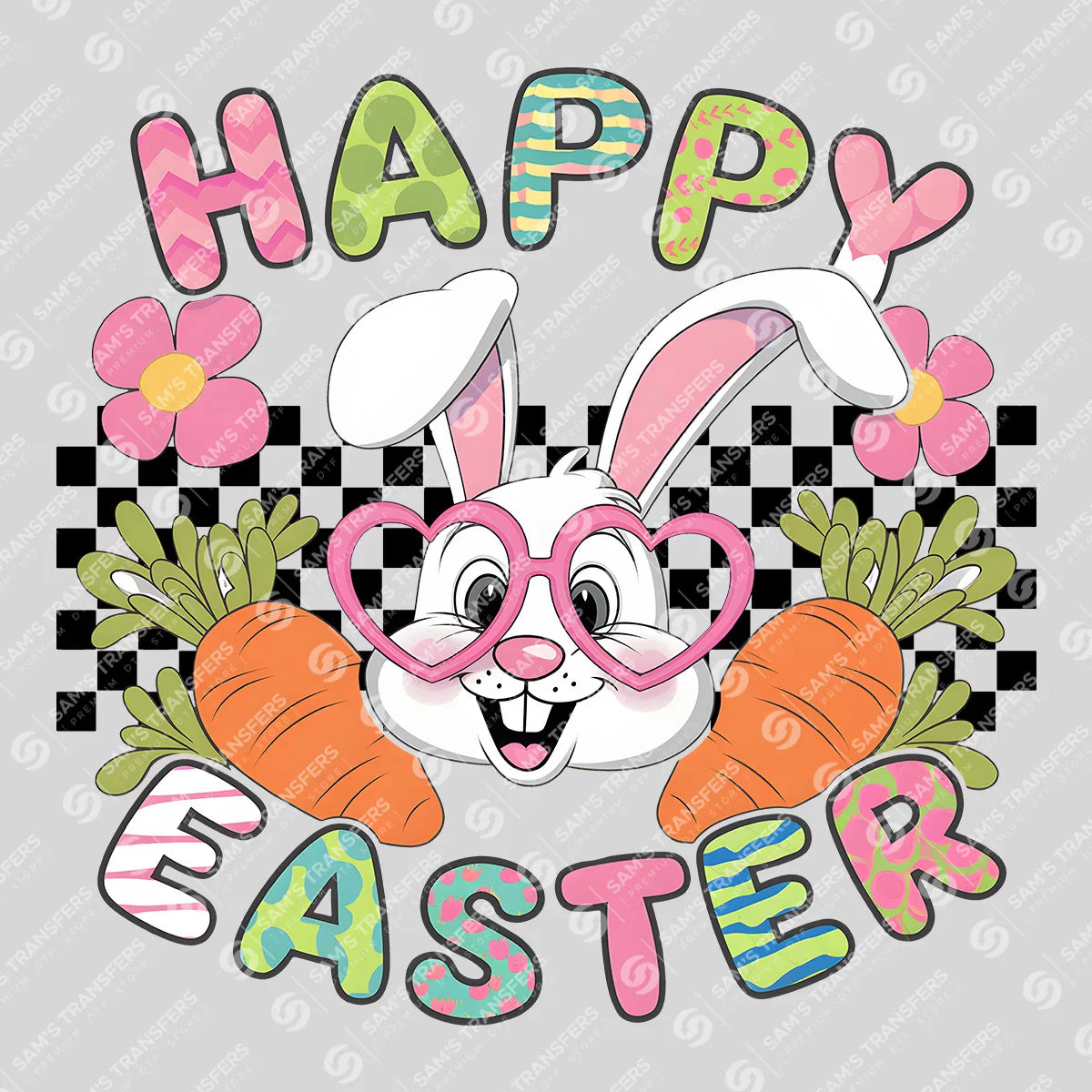 Apparel featuring a Happy Easter Heart Glasses Bunny-themed DTF transfer.