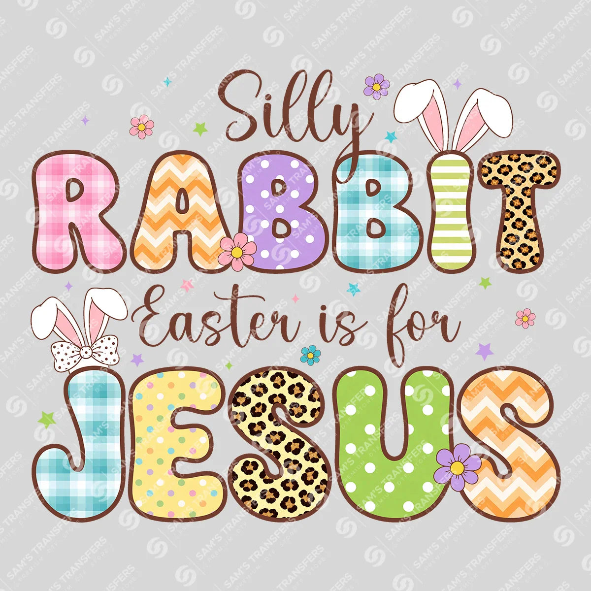 Apparel featuring a Silly Rabbit Easter Is For Jesus Plaid-themed DTF transfer.