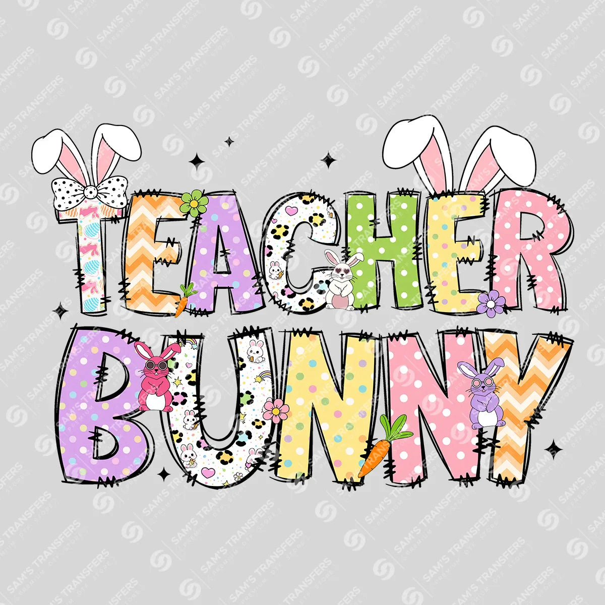 Apparel featuring a Teacher Bunny-themed DTF transfer.