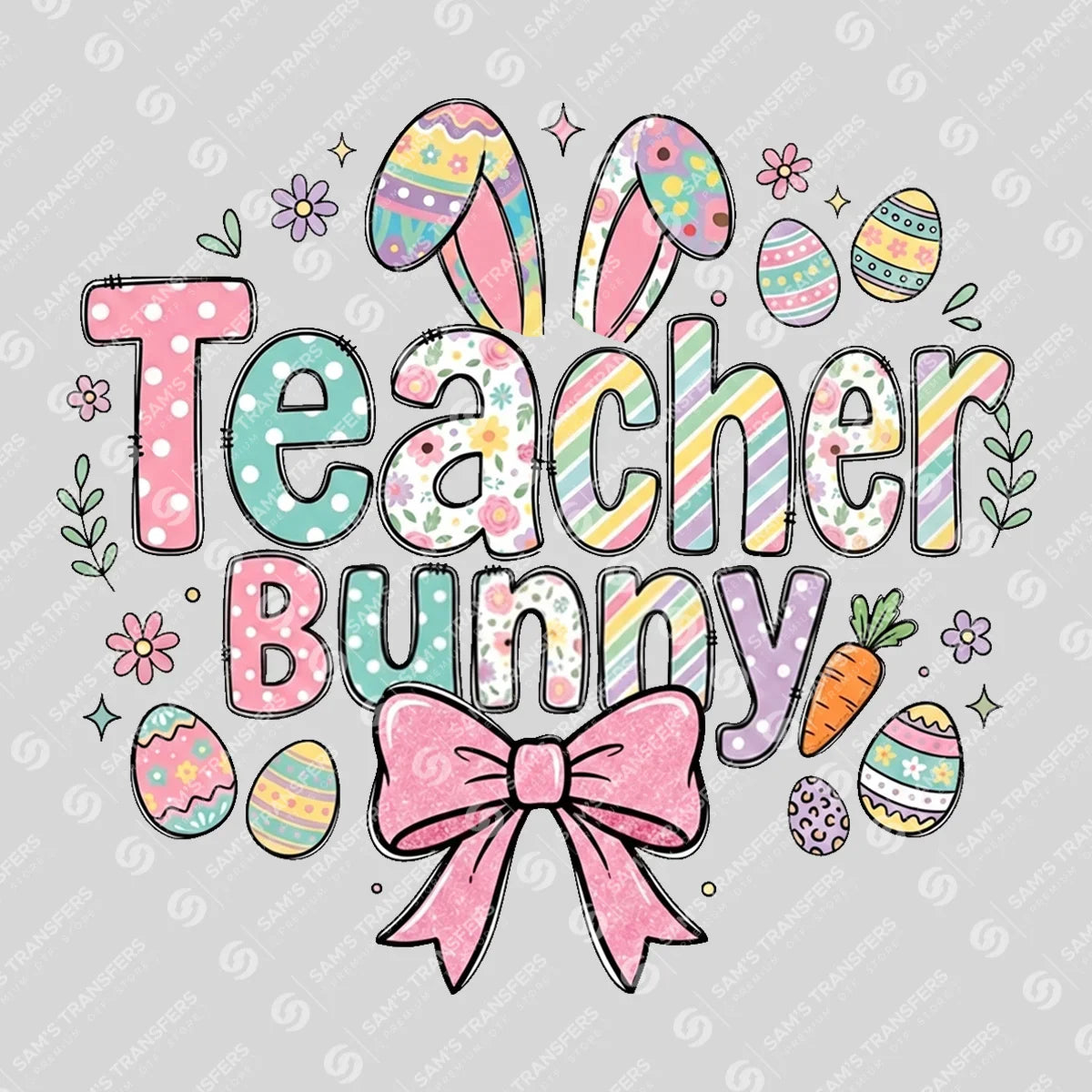 Apparel featuring a Teacher Bunny Bow-themed DTF transfer.