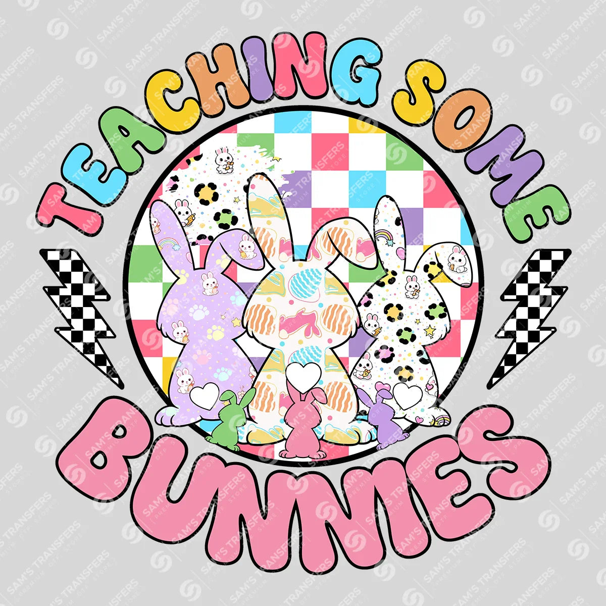 Apparel featuring a Teaching Some Bunnies-themed DTF transfer.