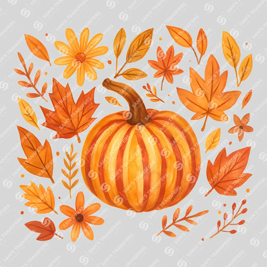 Apparel featuring a Watercolor Pumpkin Leaves-themed DTF transfer.