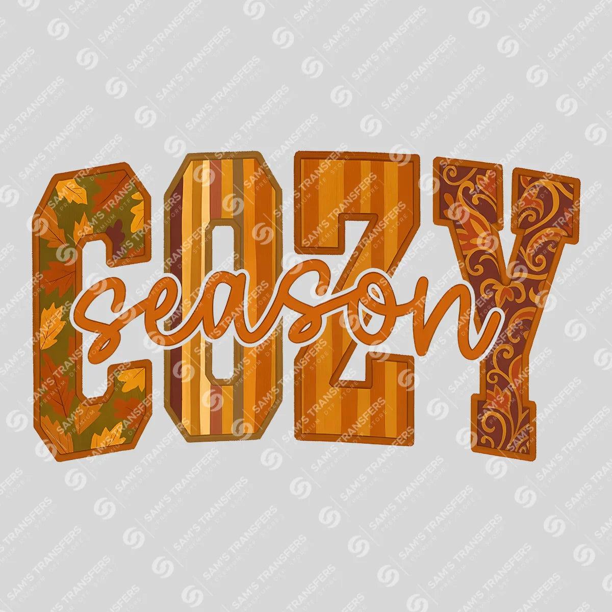 Apparel featuring a Cozy Season Varsity-themed DTF transfer.