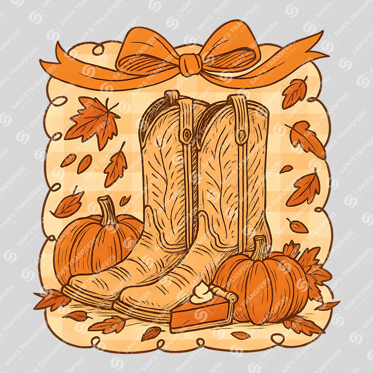 Apparel featuring a Fall Boots Pumpkin Bow-themed DTF transfer.