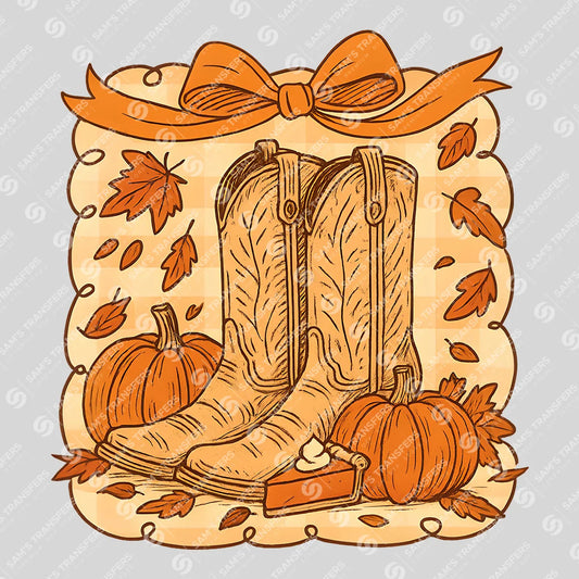 Apparel featuring a Fall Boots Pumpkin Bow-themed DTF transfer.