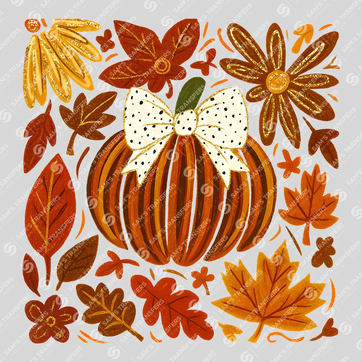 Apparel featuring a Glitter Pumpkin Bow Florals-themed DTF transfer.