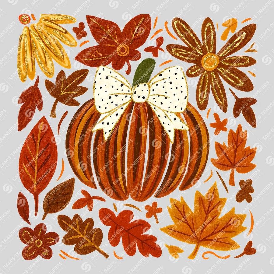 Glitter Pumpkin Bow Florals Ready-to-Press DTF Transfer | SAT00682