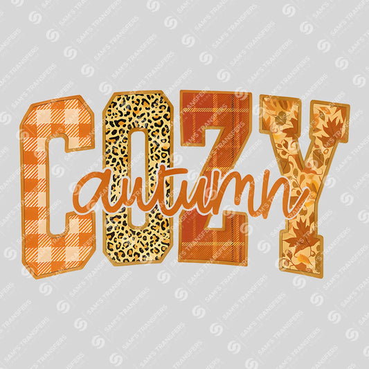 Apparel featuring a Cozy Autumn Varsity-themed DTF transfer.