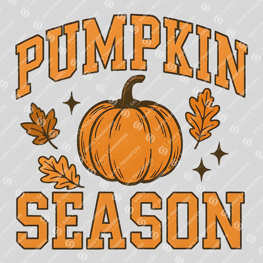 Apparel featuring a Pumpkin Season Varsity-themed DTF transfer.