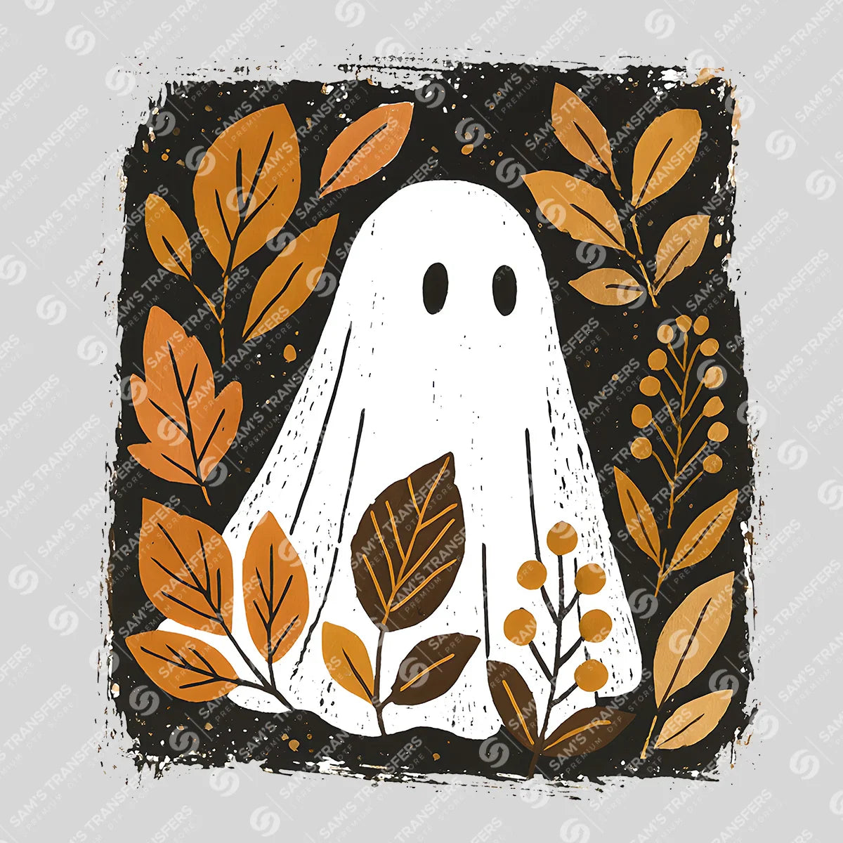 Apparel featuring a Fall Ghost Block Print-themed DTF transfer.