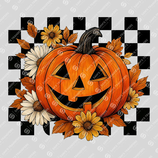 Apparel featuring a Jack O Lantern Daisy Checkered-themed DTF transfer.