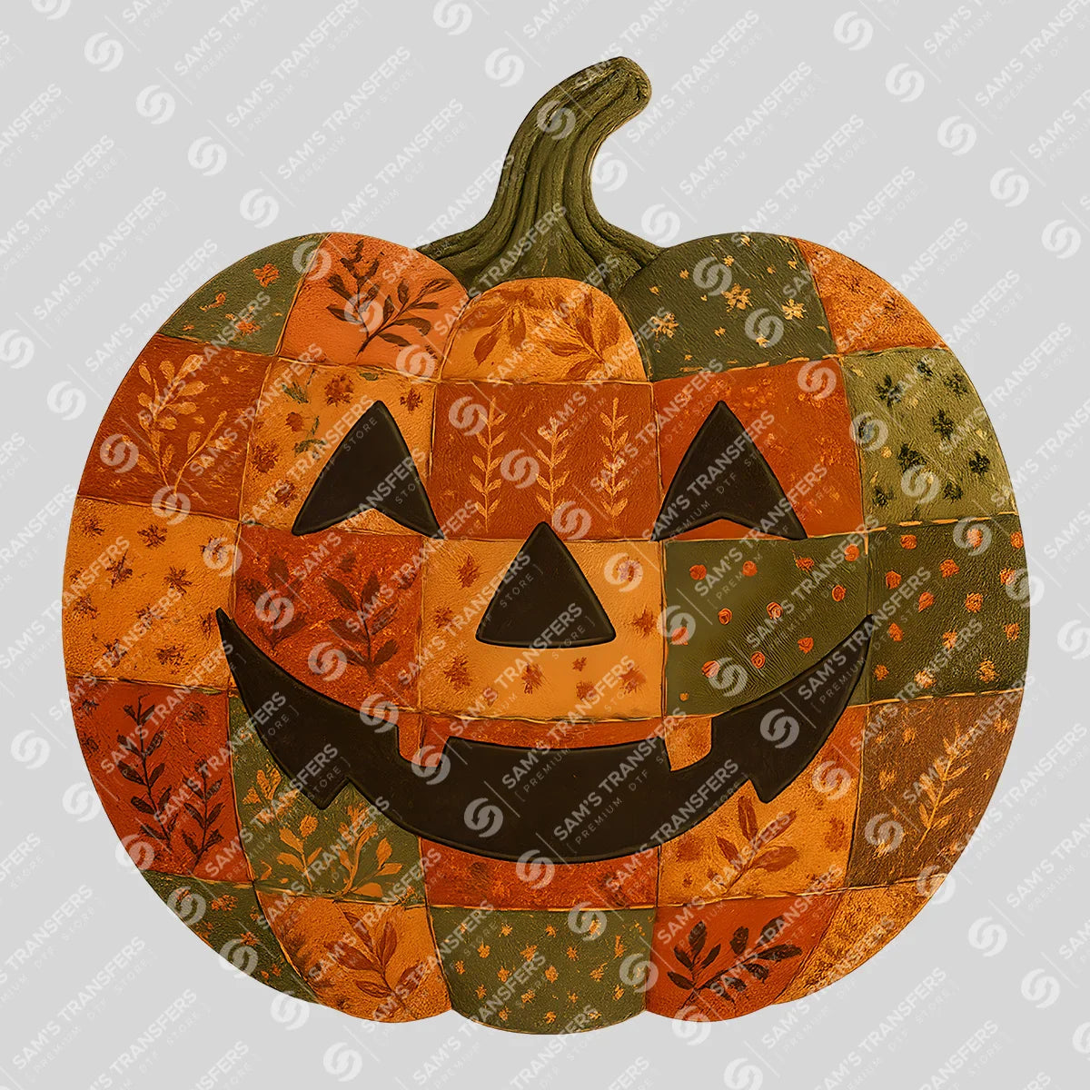 Apparel featuring a Patchwork Jack O Lantern-themed DTF transfer.