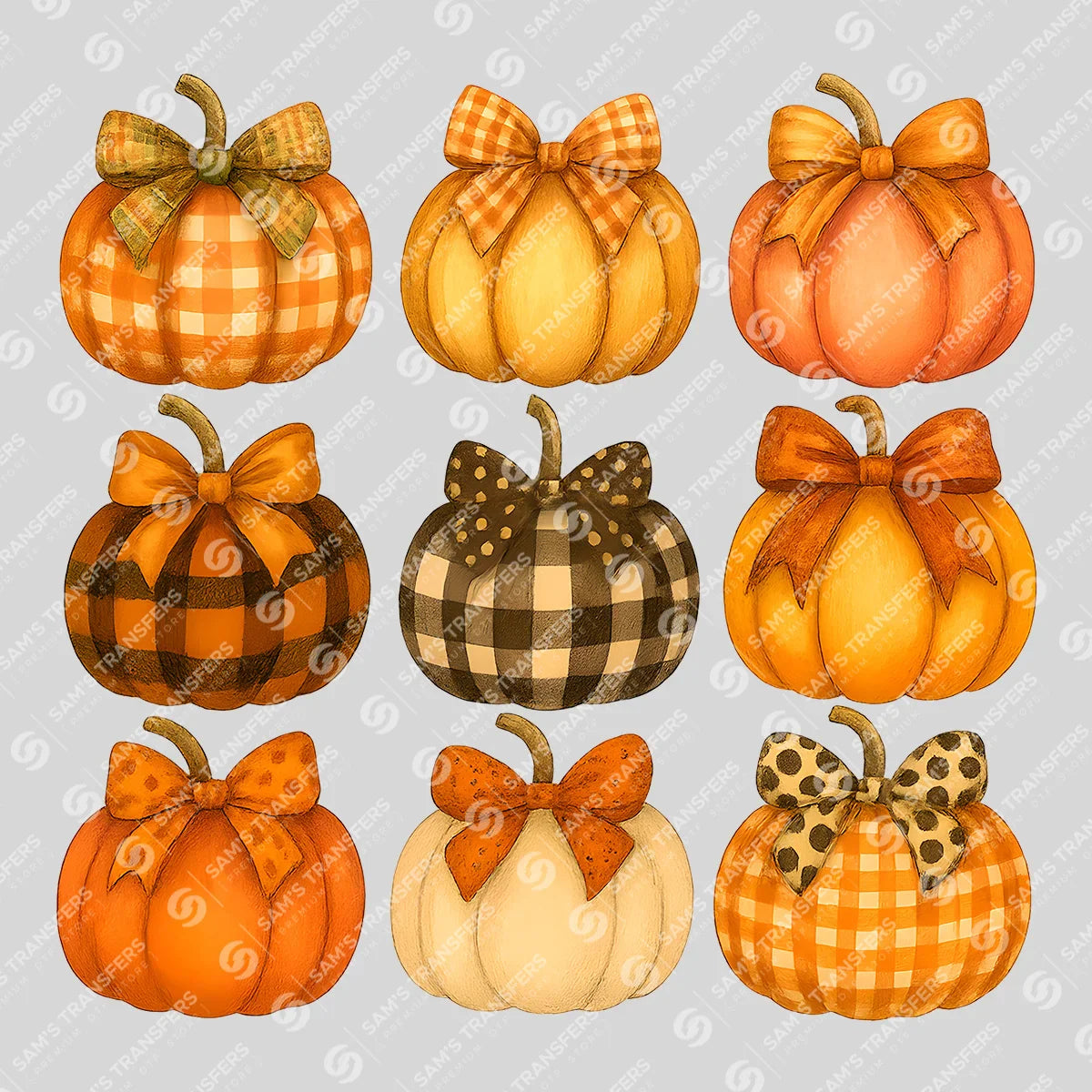 Apparel featuring a Pumpkin Bow Grid-themed DTF transfer.