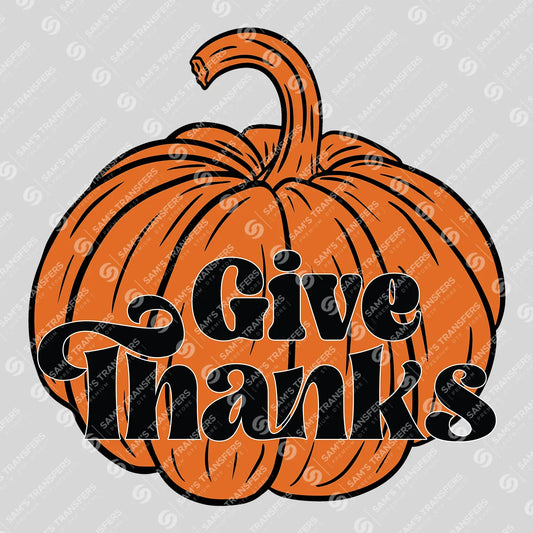 Apparel featuring a Give Thanks Pumpkin-themed DTF transfer.
