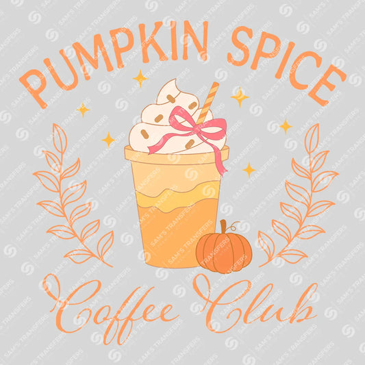 Apparel featuring a Pumpkin Spice Coffee Club-themed DTF transfer.