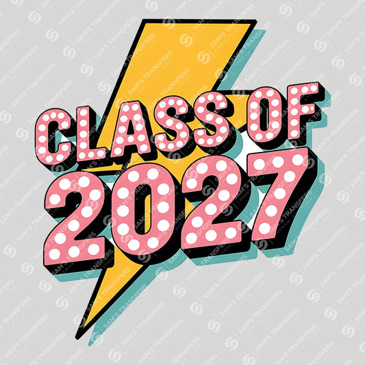 Apparel featuring a Class Of 2027 Lightning Bolt-themed DTF transfer.