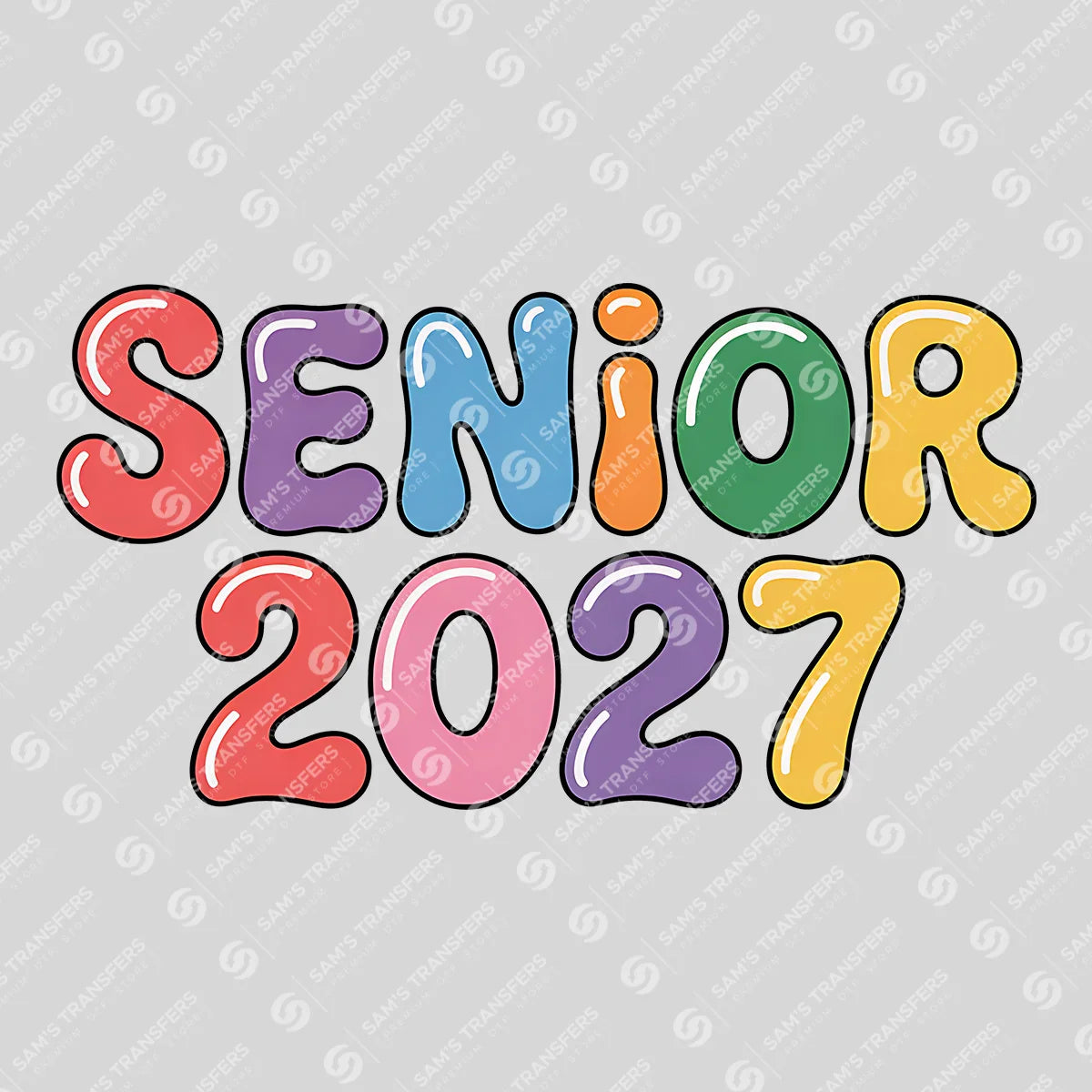 Apparel featuring a Senior 2027 Bubble-themed DTF transfer.