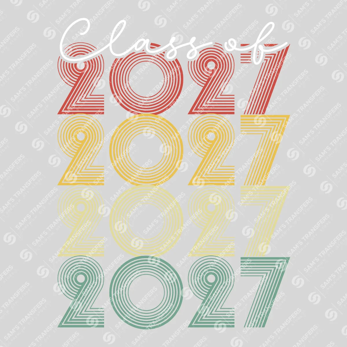 Apparel featuring a Class Of 2027 Retro Reflection-themed DTF transfer.
