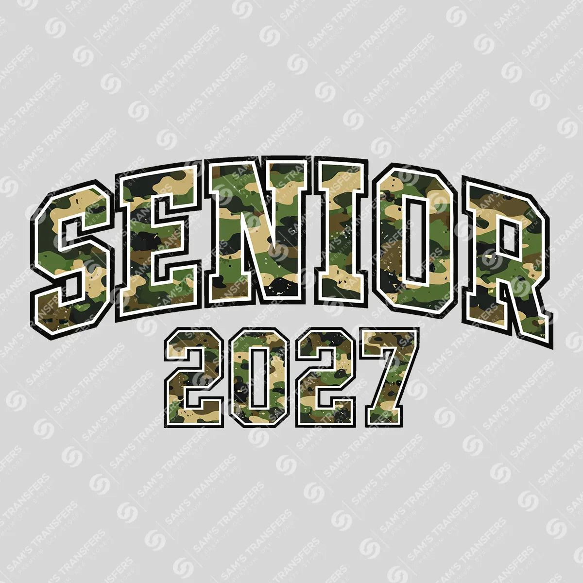 Apparel featuring a Senior 2027 Camo-themed DTF transfer.