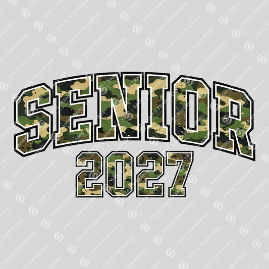 Apparel featuring a Senior 2027 Camo-themed DTF transfer.