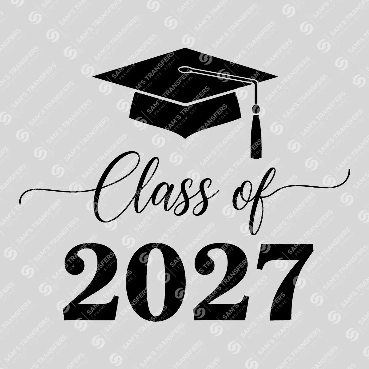 Apparel featuring a Class Of 2027 Thin Script-themed DTF transfer.
