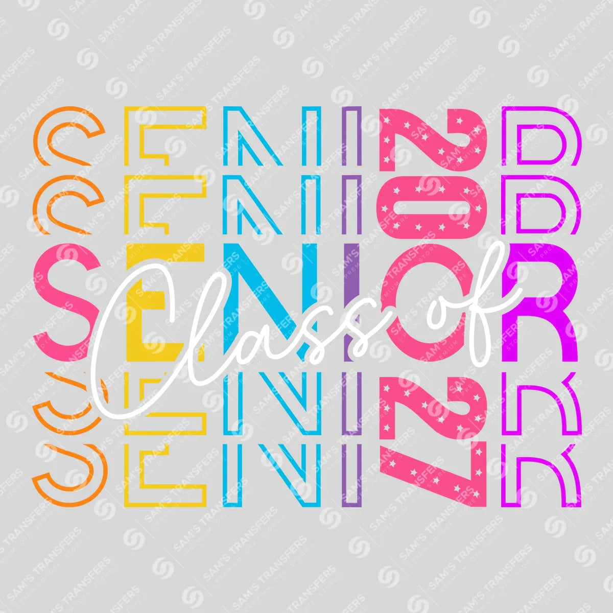 Apparel featuring a Senior Class Of 2027 Rainbow Echo-themed DTF transfer.