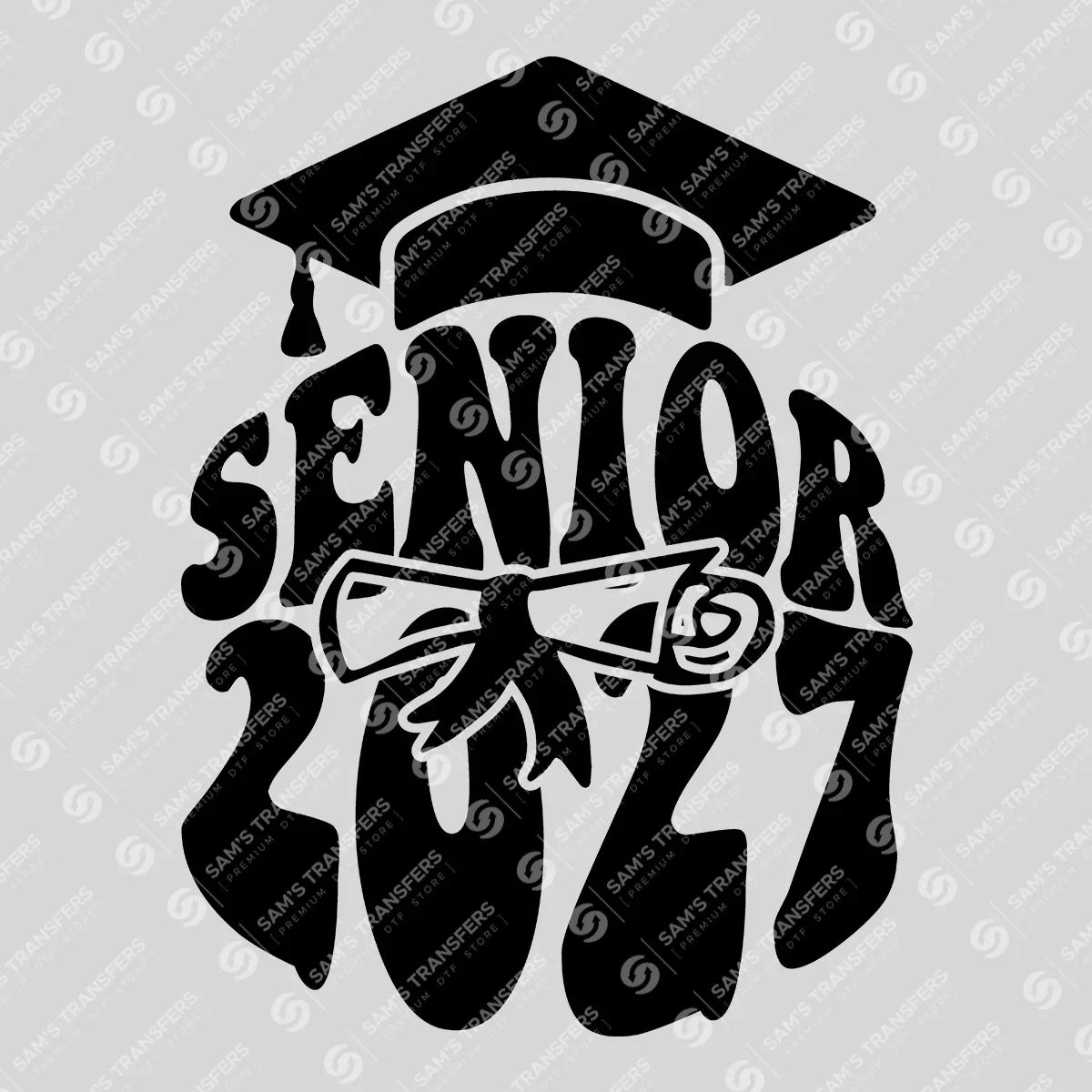 Apparel featuring a Senior 2027 Groovy-themed DTF transfer.