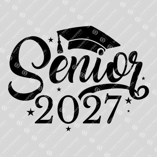 Apparel featuring a Senior 2027 Script Stars-themed DTF transfer.