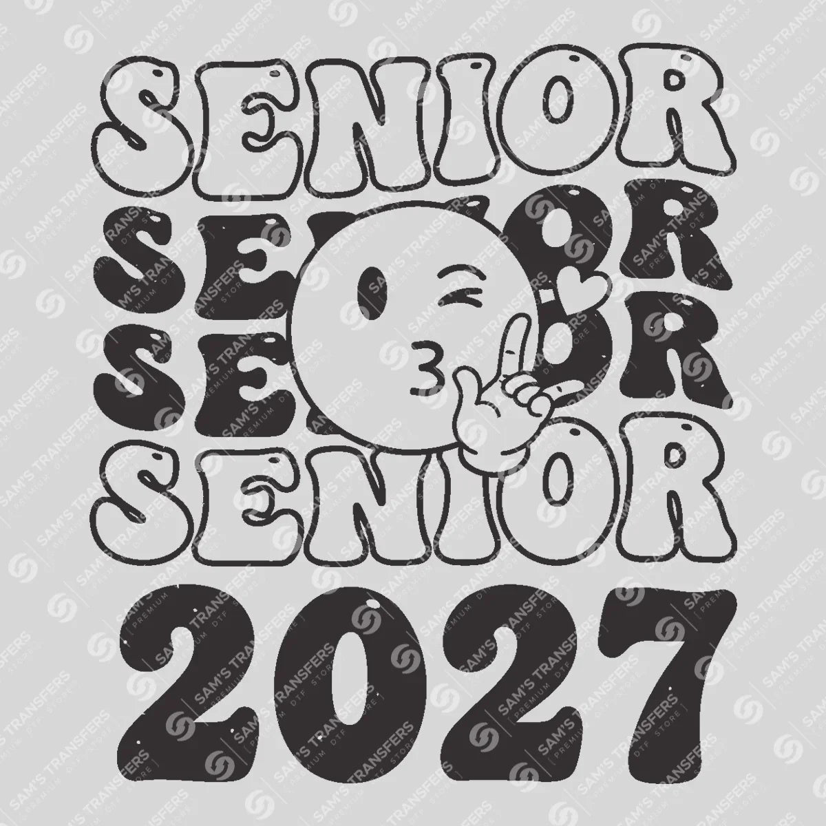 Apparel featuring a Senior 2027 Groovy Smiley-themed DTF transfer.