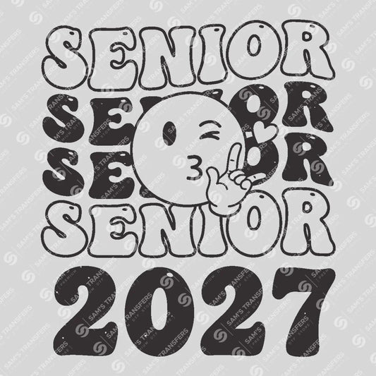 Apparel featuring a Senior 2027 Groovy Smiley-themed DTF transfer.