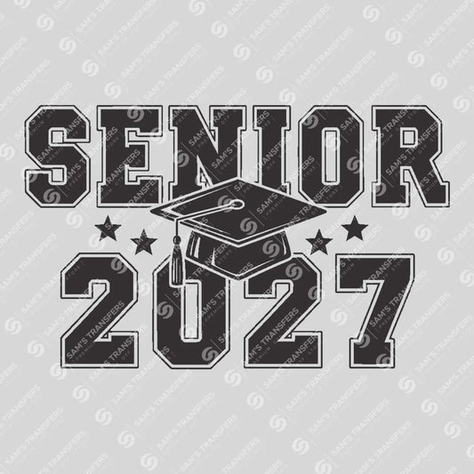 Apparel featuring a Senior 2027 Varsity Cap-themed DTF transfer.