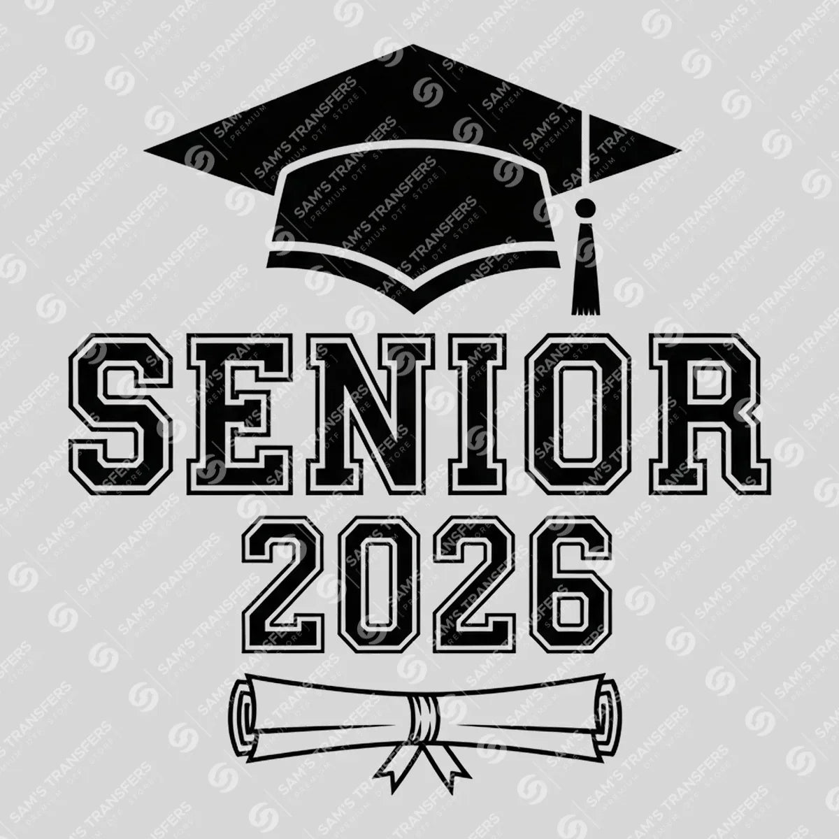 Apparel featuring a Senior 2026 Varsity Diploma-themed DTF transfer.