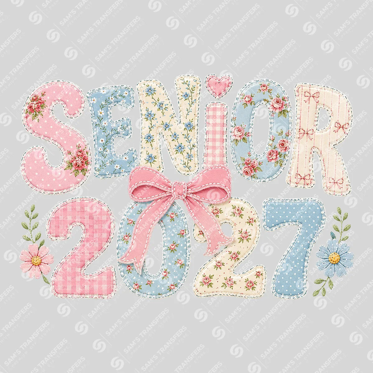 Apparel featuring a Senior 2027 Floral Patchwork-themed DTF transfer.