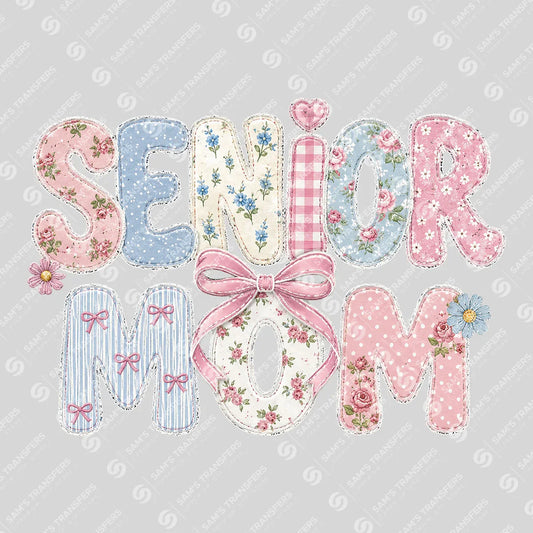 Apparel featuring a Senior Mom Floral Patchwork-themed DTF transfer.