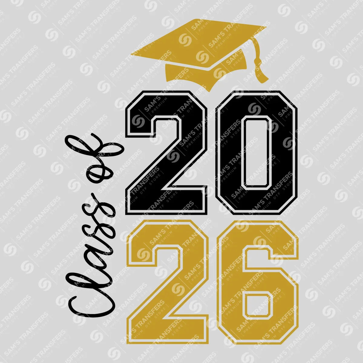 Apparel featuring a Class Of 2026 Vertical Varsity-themed DTF transfer.