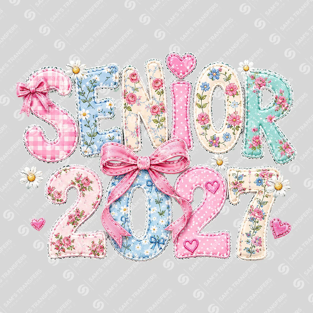 Apparel featuring a Senior 2027 Pastel Patchwork-themed DTF transfer.