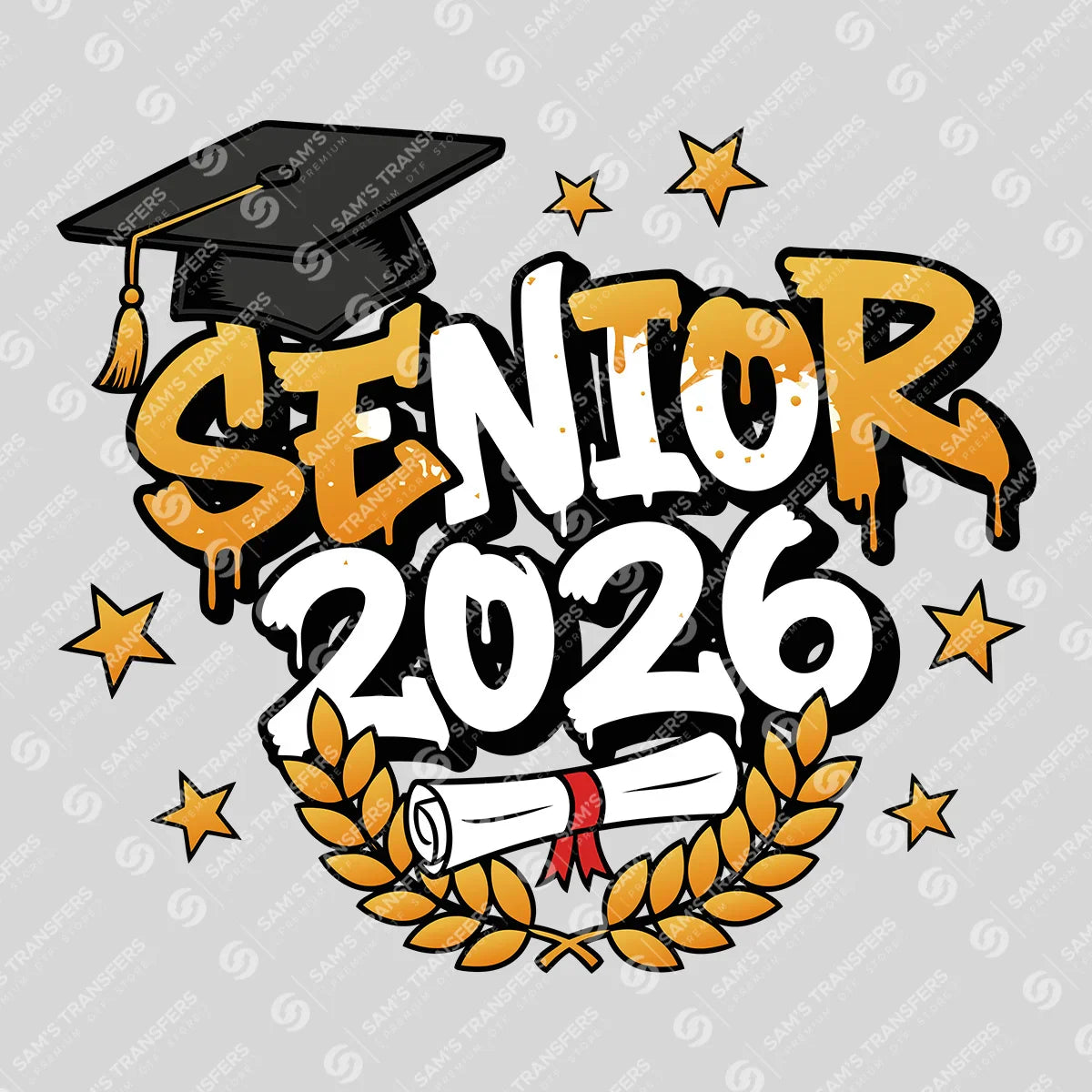 Apparel featuring a Senior 2026 Graffiti-themed DTF transfer.