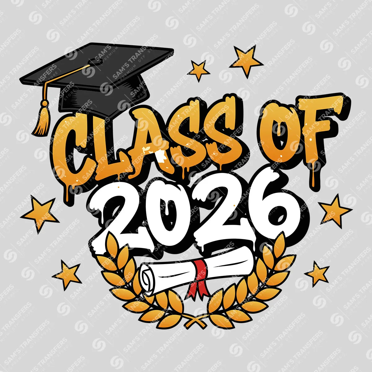 Apparel featuring a Class Of 2026 Graffiti Laurel-themed DTF transfer.