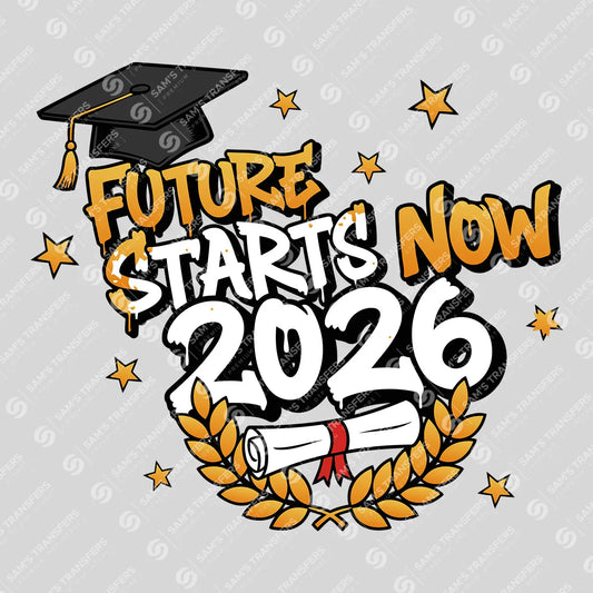Apparel featuring a Future Starts Now 2026-themed DTF transfer.