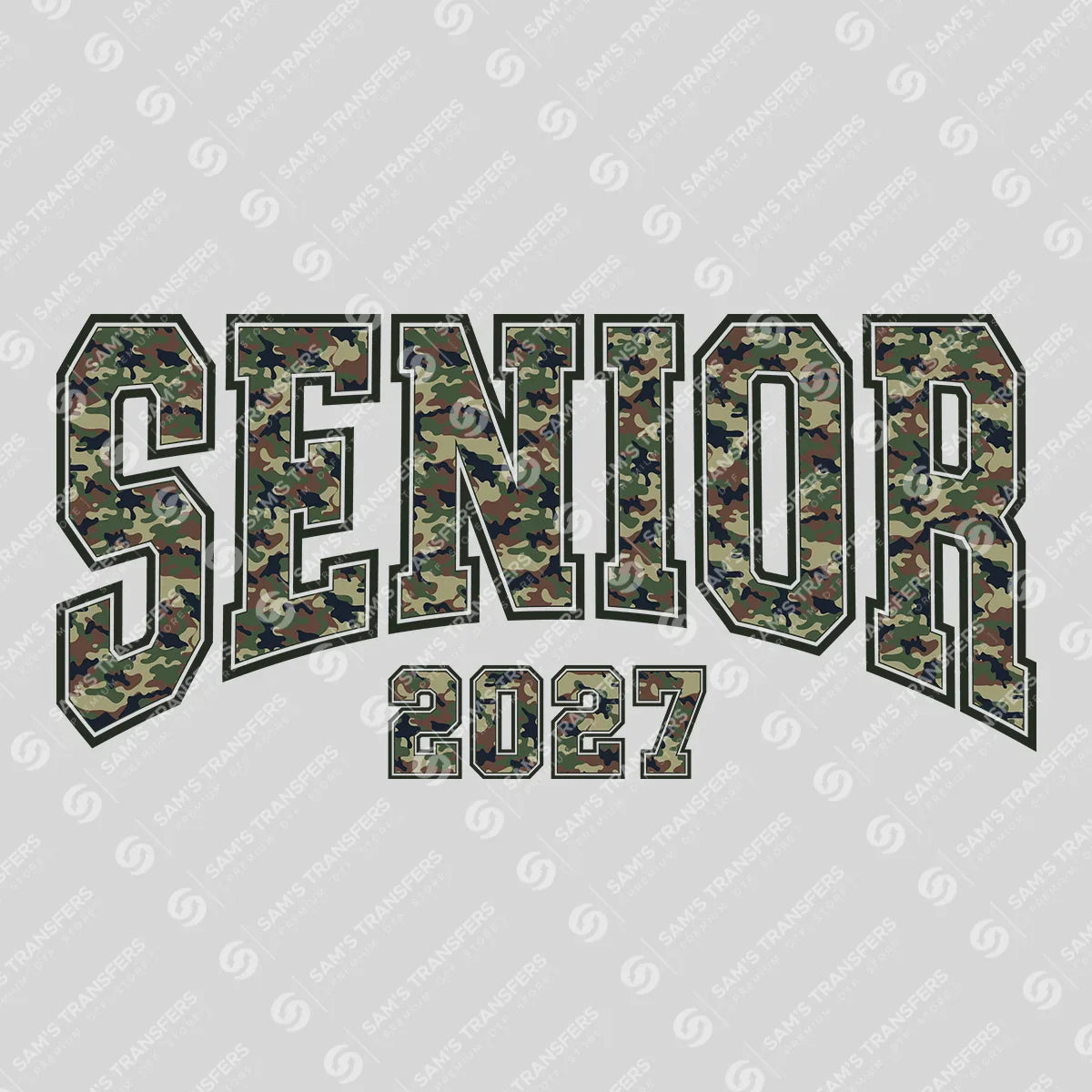Apparel featuring a Senior 2027 Camo Arch-themed DTF transfer.