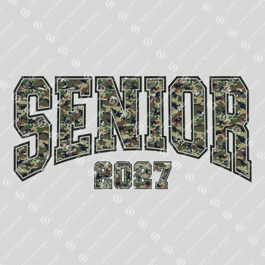 Apparel featuring a Senior 2027 Camo Distressed-themed DTF transfer.