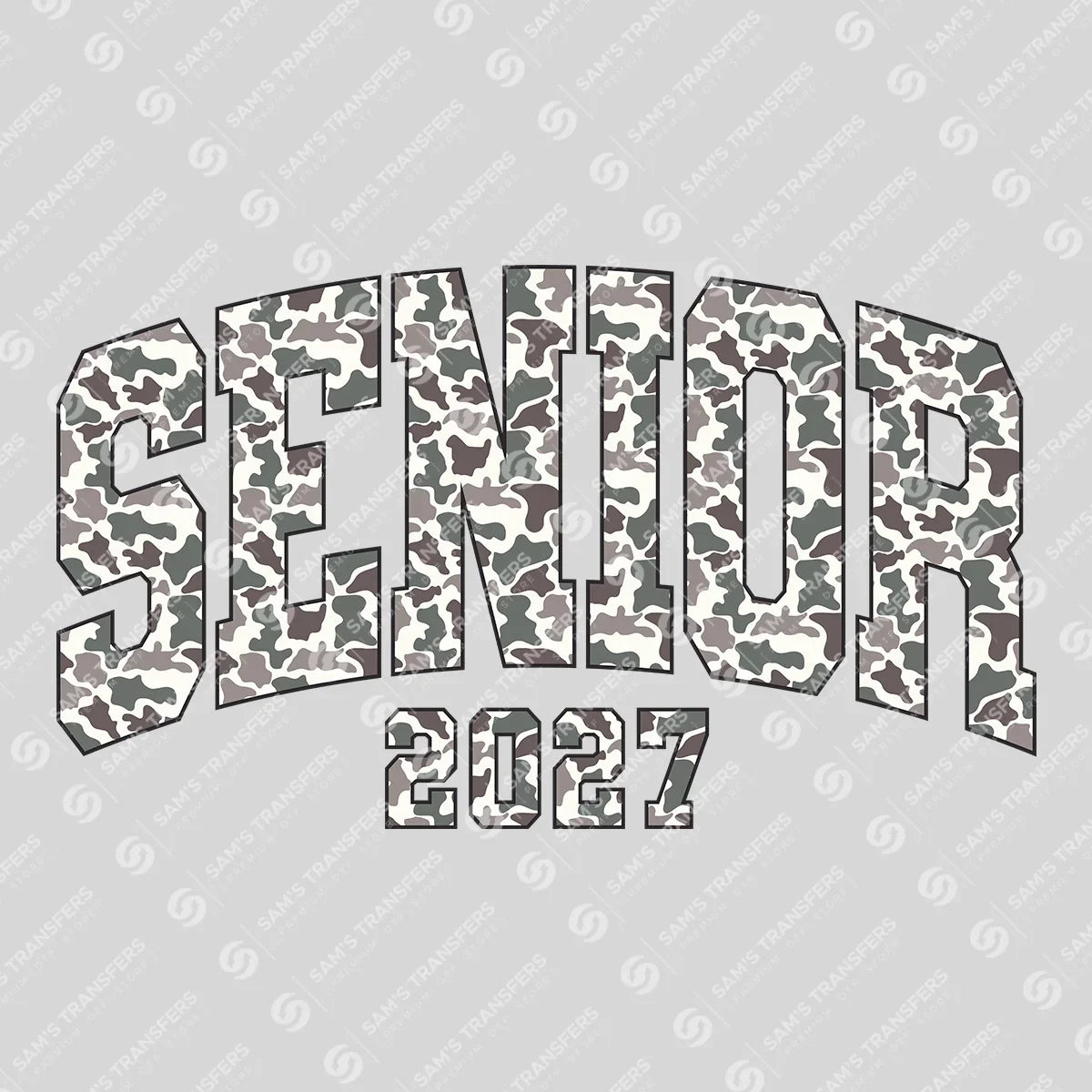 Apparel featuring a Senior 2027 Snow Camo-themed DTF transfer.