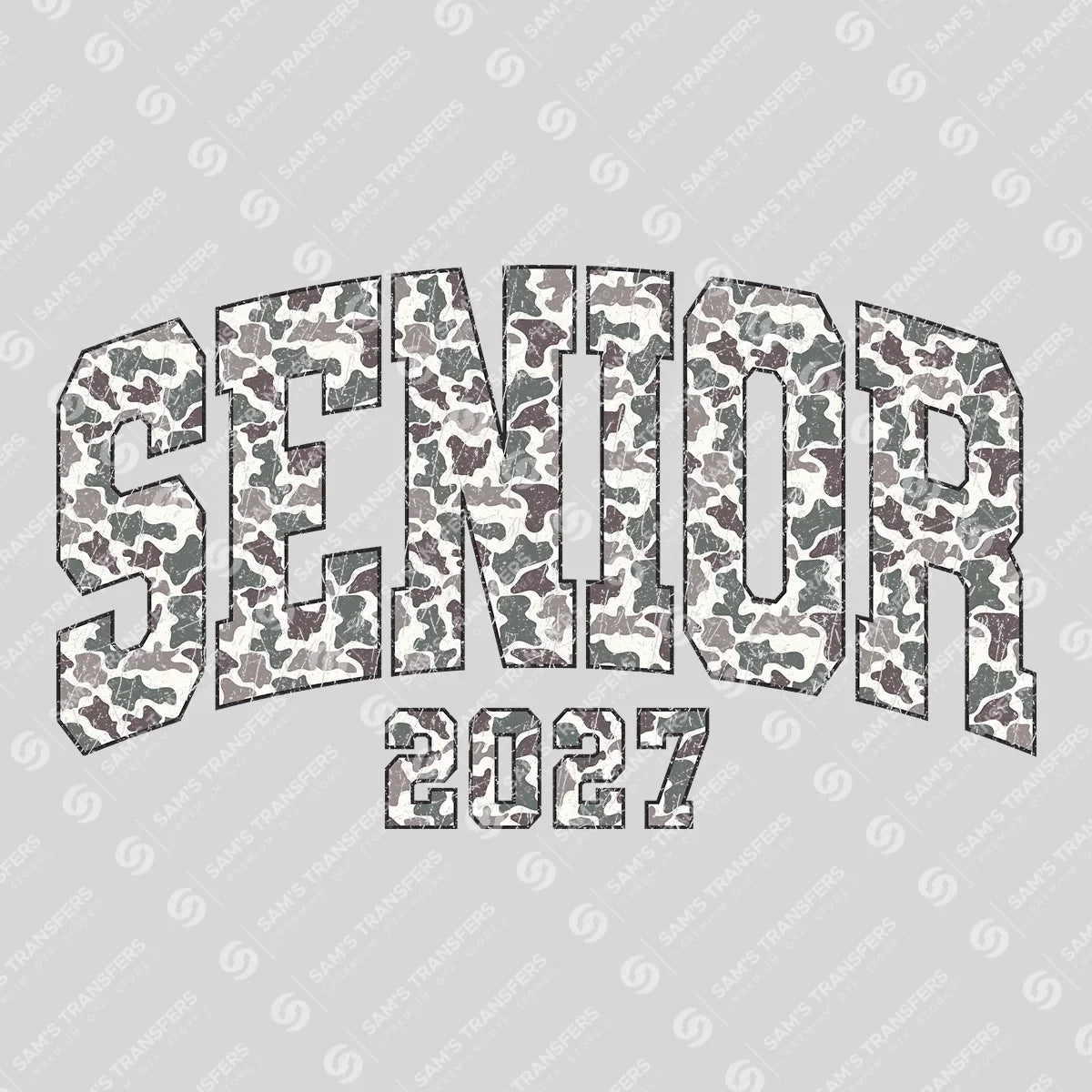 Apparel featuring a Senior 2027 Gray Camo-themed DTF transfer.