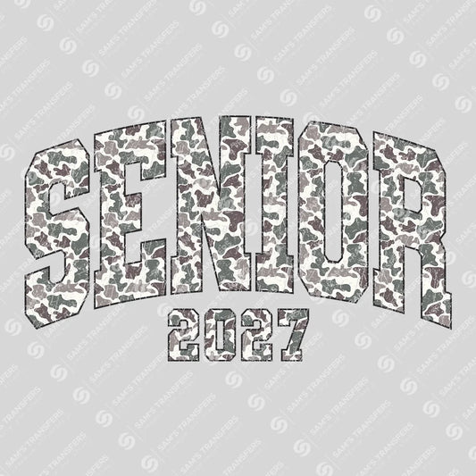 Apparel featuring a Senior 2027 Gray Camo-themed DTF transfer.