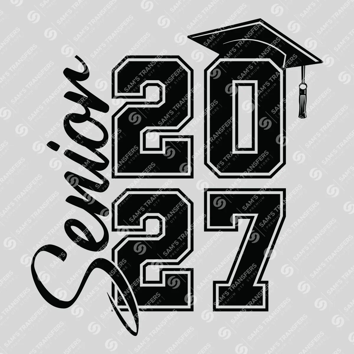 Apparel featuring a Senior 2027 Stacked Script Cap-themed DTF transfer.